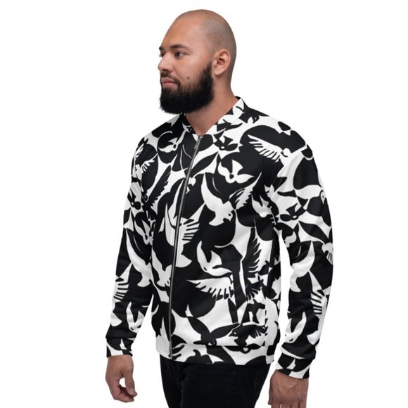 Pigeons in White and Black Pattern Unisex Bomber Jackets. - Picture 3 of 12
